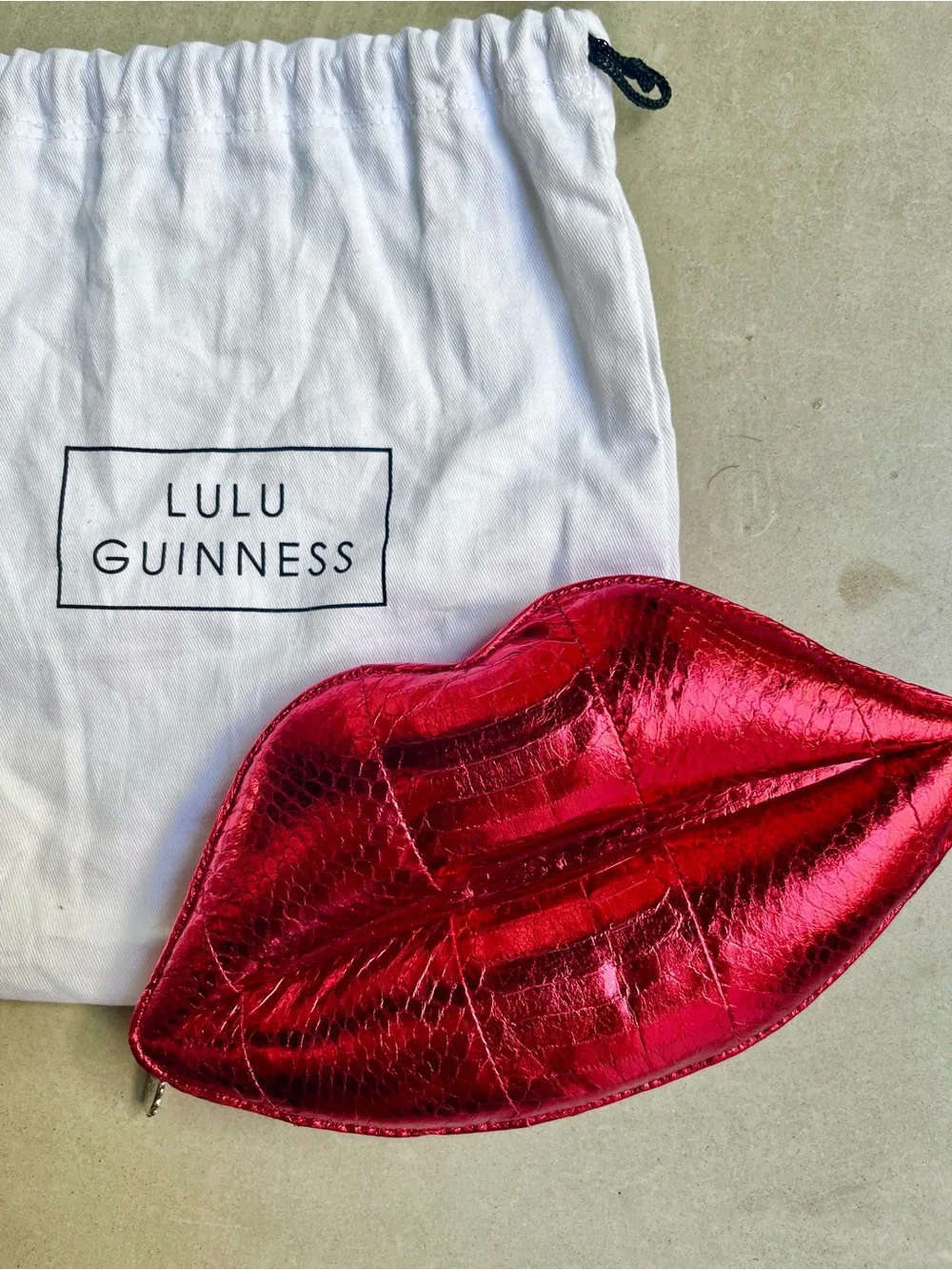 Lulu Guinness Metallic Red Croc/Snake Skin Lips Clutch Bag + Dustbag